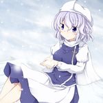  apron bad_id bad_pixiv_id blue_eyes capelet cloud cloudy_sky fuuen_(akagaminanoka) hat letty_whiterock mountain shirt short_hair silver_hair skirt sky smile snow snowing solo touhou vest 