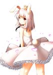  ac_japan animal_ears arigato_usagi back bare_shoulders bunny_ears bunny_tail crown dress from_behind highres long_hair looking_back personification red_eyes shima_(sh1mamu) simple_background smile solo tail 