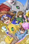  agumon brown_hair bug butterfly casual child clenched_hand digimon digimon_adventure digimon_adventure_02 dinosaur friends gloves green_eyes insect koromon leng_s looking_back male_focus multiple_persona navel teenage wargreymon white_gloves yagami_taichi younger 