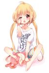  arm_up barefoot blonde_hair blush brown_eyes clothes_writing ech feet futaba_anzu hair_ribbon idolmaster idolmaster_cinderella_girls long_hair open_mouth ribbon rubbing_eyes shirt shorts sitting sleepy solo stuffed_animal stuffed_bunny stuffed_toy t-shirt twintails uneven_eyes you_work_you_lose 