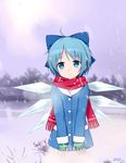  ahoge aqua_eyes aqua_hair bow cirno coat crystal fingerless_gloves gloves hair_bow ice red_scarf scarf short_hair smile snow snowing solo touhou tucana wings winter 