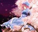  breasts cherry_blossoms hat highres japanese_clothes large_breasts pink_eyes pink_hair rimu_(kingyo_origin) saigyouji_yuyuko short_hair smile solo touhou triangular_headpiece 