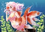  bikini bubble clothed clothing edmol female fins fish goldfish hair koi log marine ocean open_mouth orange_scales pink_hair ruffles scales sea seaweed shocked skimpy solo swimming swimsuit tail transformation underwater water wood 