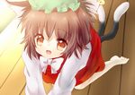  all_fours animal_ears bare_legs bow brown_eyes brown_hair cat_ears cat_tail chen dqn_(dqnww) earrings fangs floor hat jewelry multiple_tails open_mouth short_hair smile solo tail touhou 