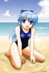  blue_eyes blue_hair ikawa_kanoya kneeling long_hair one-piece_swimsuit original ponytail school_swimsuit solo swimsuit 