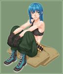  bandolier blue_hair boots gloves hair_down leona_heidern sandbag sitting solo takoyaki_neko-san tank_top the_king_of_fighters 