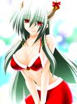  bell bikini_top breasts christmas cleavage engo_(aquawatery) ex-keine front-tie_top green_hair highres horn_ribbon horns kamishirasawa_keine large_breasts long_hair midriff red_eyes ribbon skirt solo touhou 
