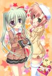  absurdres ahoge asteion blush brown_hair chocolate einhart_stratos fujima_takuya green_eyes green_hair happy_valentine hat heterochromia highres long_hair looking_at_viewer lyrical_nanoha mahou_shoujo_lyrical_nanoha_vivid miura_rinaldi multiple_girls open_mouth scan school_uniform thighhighs twintails valentine wavy_mouth white_legwear 