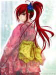  bad_id bad_pixiv_id blue_flower blue_rose brown_eyes earrings erza_scarlet fairy_tail flower highres japanese_clothes jewelry kimono long_hair looking_back op7777777 ponytail red_hair rose solo 