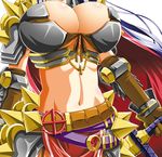  armor breasts cape cleavage front-tie_top gauntlets head_out_of_frame kumashiro_izuta large_breasts long_hair midriff navel ragnarok_online rune_knight solo spikes weapon 