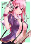  absurdres blush breasts cleavage covered_nipples denim emu_(trigger) groin guitar headphones highres instrument jeans large_breasts long_hair nitroplus no_bra open_clothes open_shirt pants pink_eyes pink_hair shirt simple_background strap super_sonico sweat unmoving_pattern watch wristwatch 