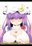  alternate_costume blush bow breast_hold breasts cleavage_cutout crescent hair_bow hat heart heart_cutout large_breasts letterboxed long_hair looking_at_viewer paizuri paizuri_under_clothes patchouli_knowledge penis pov purple_eyes purple_hair rougetsu_(eclipse) simple_background solo_focus sweater touhou very_long_hair 
