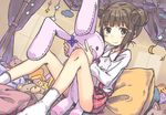  brown_eyes brown_hair double_bun idolmaster nonowa pillow skirt socks solo stuffed_animal stuffed_bunny stuffed_toy takatsuki_kasumi teddy_bear ueshita 