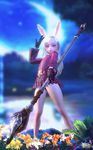 3d animated animated_gif elin_(tera) flat_chest flower hips legs no_pants purple_eyes silver_hair staff tera_online thick_thighs thighs 