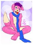  brown_nose canine cute dog edesk fur hair looking_at_viewer male mammal pink pink_fur purple_hair scarf sitting solo tongue tongue_out 