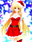  absurdres blonde_hair bow breasts christmas cleavage dress elbow_gloves engo_(aquawatery) fate_testarossa gloves hair_bow hat highres long_hair lyrical_nanoha mahou_shoujo_lyrical_nanoha_strikers medium_breasts red_eyes santa_costume santa_hat smile solo thighhighs very_long_hair white_gloves 