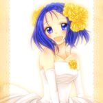  bare_shoulders blue_eyes blue_hair blush dress flower hair_flower hair_ornament hisui_suzuhana open_mouth original rose short_hair smile solo yellow_flower yellow_rose 