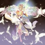  angel_wings bad_id bad_pixiv_id blonde_hair character_request feathers highres jewelry kesshou necklace purple_eyes ragnarok_online solo staff wings 