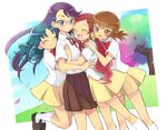  ^_^ blue_hair brown_eyes brown_hair cherry_blossoms closed_eyes dress eyelashes glasses hanasaki_tsubomi heartcatch_precure! hug kurumi_erika long_hair multiple_girls myoudou_gakuen_high_school_uniform myoudou_gakuen_middle_school_uniform myoudouin_itsuki oota pink_hair precure purple_eyes purple_hair red_hair school_uniform short_hair skirt smile tree tsukikage_yuri 