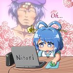  1girl abe_takakazu blue_eyes blue_hair blush blush_stickers chibi closed_eyes computer desk drooling female_pervert flower genderswap genderswap_(ftm) hair_ornament hair_rings hair_stick hat jinnouchi_akira kaku_seiga kuso_miso_technique laptop miyako_yoshika mouse_(computer) mousepad_(object) ofuda open_mouth parody pervert purple_hair red_flower red_rose rose saliva short_hair sweatdrop touhou 