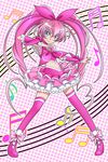  blue_eyes bow choker cure_melody dress frills full_body houjou_hibiki long_hair magical_girl midriff musical_note pink pink_background pink_bow pink_choker pink_hair pink_legwear polka_dot polka_dot_background precure shoes smile solo staff_(music) suite_precure t2r thighhighs twintails wrist_cuffs zettai_ryouiki 
