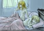  alice_margatroid bed blanket blonde_hair breasts closed_eyes kirisame_marisa large_breasts lying multiple_girls naked_sheet no_hat no_headwear nude open_mouth shiba_itsuki short_hair sketch sleeping touhou waking_up yuri 