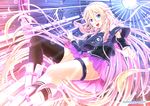  arm_warmers black_legwear blonde_hair blue_eyes blush highres ia_(vocaloid) kazeno long_hair open_mouth pleated_skirt single_thighhigh skirt solo thighhighs vocaloid 