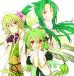  2boys braid gen_2_pokemon gen_4_pokemon gen_5_pokemon green_hair hat hisui_suzuhana long_hair meganium multiple_boys open_mouth personification pokemon ponytail red_eyes serperior short_hair smile torterra 