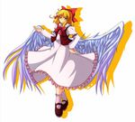  bad_id bad_pixiv_id blonde_hair bow breasts dress frills full_body gengetsu hair_bow medium_breasts red_bow short_hair smile socks solo touhou touhou_(pc-98) vest wings yellow_eyes yoshida_tatsumi 