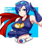  &gt;:) 1girl armpits bare_shoulders belt blue_eyes blue_gloves blue_hair breasts cape character_request closed_mouth collarbone eyewear_on_head gloves groin happy_birthday highres impossible_clothes impossible_shirt large_breasts looking_at_viewer navel okyou shirt short_hair sleeveless sleeveless_shirt smile solo upper_body 