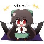  animal_ears arms_up black_hair black_wings blush cape chibi fang hair_ribbon hasewox highres long_hair open_mouth red_eyes reiuji_utsuho ribbon shirt skirt smile solo tail third_eye touhou translated unyu wings 