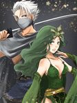  1girl breasts bridal_gauntlets cape cleavage detached_sleeves edward_geraldine final_fantasy final_fantasy_iv green_eyes green_hair grey_background hair_ornament height_difference katana long_hair mask medium_breasts ninja ninja_(final_fantasy) open_mouth rydia sabebe_(chamcham11) sword wavy_hair weapon 
