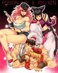  2girls :q bare_shoulders belt black_hair blonde_hair breasts bruise cleavage collar cuffs denim denim_shorts dougi drill_hair dudou final_fight fingerless_gloves gloves halter_top halterneck han_juri handcuffs hat headband high_heels injury ken_masters large_breasts long_hair medium_breasts midriff multiple_boys multiple_girls muscle nail_polish navel pink_hair poison_(final_fight) ryuu_(street_fighter) shoes short_hair shorts street_fighter street_fighter_iv_(series) street_fighter_x_tekken tongue tongue_out twin_drills xxxxchild 