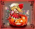  alternate_costume blonde_hair candy detached_sleeves flandre_scarlet food hat highres jack-o'-lantern lollipop mesoso one_eye_closed open_mouth red_eyes solo striped striped_legwear thighhighs touhou 