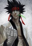  bandages black_hair clenched_hand grey_eyes hairband highres leaf looking_at_viewer male_focus maphenix mouth_hold open_clothes open_shirt rurouni_kenshin sagara_sanosuke shirt smile solo spiked_hair upper_body wrist_wrap 