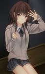  3u amagami bad_id bad_pixiv_id brown_eyes brown_hair grey_skirt kamizaki_risa kibito_high_school_uniform long_hair long_sleeves pleated_skirt school_uniform sitting skirt smile solo sweater 