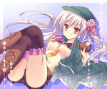  :p alcohol asakura_hayate ass belt between_breasts black_legwear boots breasts cross-laced_footwear crossed_legs cup flower hair_flower hair_ornament hat large_breasts long_hair lying necktie no_bra on_back open_clothes original polka_dot polka_dot_background sakazuki sake short_shorts shorts silver_hair sitting solo thighhighs tongue tongue_out underboob yellow_eyes 