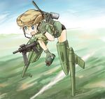  blonde_hair blue_eyes flying gloves gun hat headset image_sample m3_greasegun marine_corps md5_mismatch mecha_musume original ov-10_bronco pixiv_sample radio smoke_grenade solo striker_unit submachine_gun takanaga_kouhei vietnam weapon 