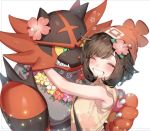  1girl armpit_peek beanie black_hair creatures_(company) eyes_closed flower game_freak gen_7_pokemon green_eyes grin hair_flower hair_ornament hat hug incineroar mizuki_(pokemon) nintendo pokemon pokemon_(creature) pokemon_(game) pokemon_sm red_hat short_hair short_sleeves simple_background smile white_background wreath zuizi 