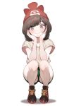  1girl beanie black_hair closed_mouth creatures_(company) full_body game_freak green_shorts hands_on_own_face hat mizuki_(pokemon) nintendo pokemon pokemon_(game) pokemon_sm red_hat shoes short_hair short_sleeves shorts simple_background smile solo squatting white_background zuizi 