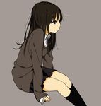  black_hair black_legwear brown_eyes dress_shirt expressionless kneehighs long_hair messy_hair original profile school_uniform shimano shirt simple_background sitting skirt sleeves_past_wrists solo sweater 