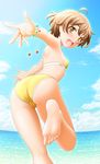  ahoge armpits ass barefoot bikini blush bracelet brown_eyes brown_hair cameltoe cloud day fam_fan_fan feet fisheye from_behind hands jewelry last_exile last_exile:_gin'yoku_no_fam looking_at_viewer looking_back ocean open_mouth outstretched_arms shiny shiny_skin short_hair sin-go sky smile soles solo spread_arms swimsuit toes trefoil waves 