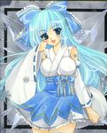  adapted_costume alternate_breast_size bad_id bad_pixiv_id blue_eyes blue_hair blush bow breasts cirno detached_sleeves hair_bow ice ice_wings japanese_clothes kimono kimono_skirt large_bow large_breasts lips long_hair looking_at_viewer miko mitsuba_(threeleaf) older parted_lips smile snowflakes solo touhou traditional_media very_long_hair wings 