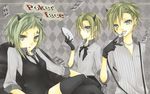  blonde_hair blue_eyes bow gloves green_eyes green_hair gumi horns kagamine_len kagamine_rin kuroi_(liar-player) mask poker_face_(vocaloid) short_hair thighhighs tie vocaloid 