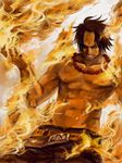  angry arisue_kanako belt black_hair bruise fiery_background fire injury jewelry long_hair male_focus necklace one_piece pants portgas_d_ace shirtless solo yellow_eyes 