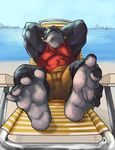  barefoot beach biceps blue_eyes cetacean clothed clothing foot_focus footfetish hindpaw looking_at_viewer lounge_chair male mammal marine muscles orca paws sand seaside solo unknown_artist whale 
