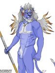  anthro balls beijinbeef blue blue_fur braids claws daddy ear_piercing feline ffx final_fantasy final_fantasy_x flaccid fur horn kimahri lion looking_at_viewer male mammal mane muscles nude penis piercing polearm pubes ronso sheath smirk solo spear video_games 