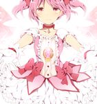  blush bow choker gloves hair_ribbon jewelry kaname_madoka komine lights magical_girl mahou_shoujo_madoka_magica outstretched_hand pendant petticoat pink_eyes pink_hair pink_skirt ribbon skirt smile solo soul_gem tears twintails white_gloves wings 