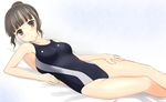  black_eyes black_hair breasts brown_eyes brown_hair competition_swimsuit hair_bun hanasaku_iroha highres looking_at_viewer lying on_back on_side one-piece_swimsuit oshimizu_nako parted_lips short_hair small_breasts solo swimsuit takafumi 