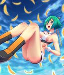  aquarion_(series) aquarion_evol blush boots breasts cleavage cleavage_cutout cloud coupe50 crop_top fang feathers green_hair medium_breasts midriff open_mouth purple_hair short_hair short_shorts shorts sideboob sky solo zessica_wong 